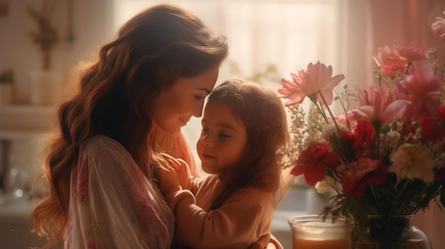 Mother and little daughter share a quiet moment surrounded by the soft glow of window light and