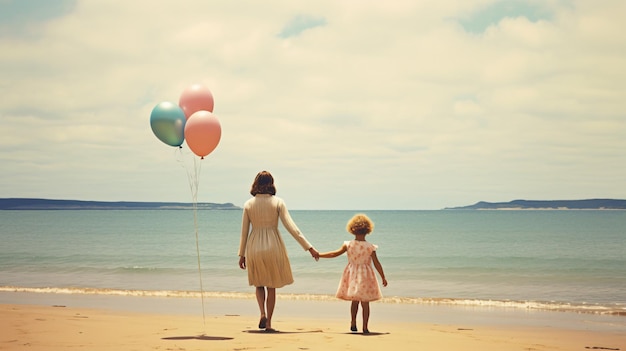 Mother and little daughter walking on the beach