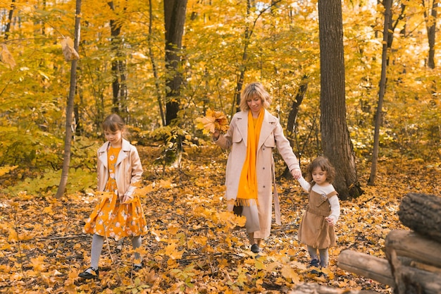 Mother and little daughters enjoying nice autumn day in a park\
season family and children concept