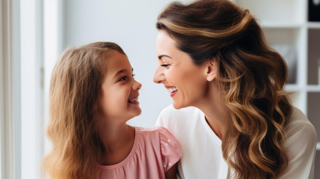 Photo mother and little girl looking at each other and laughing