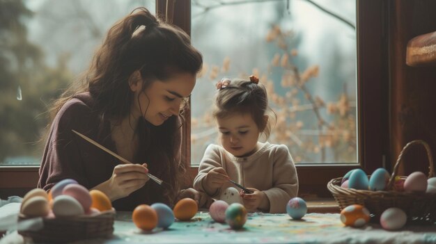 mother and little girl painting egg for easter