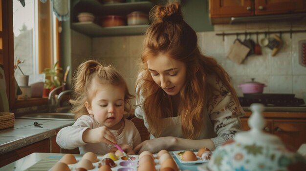 mother and little girl painting egg for easter