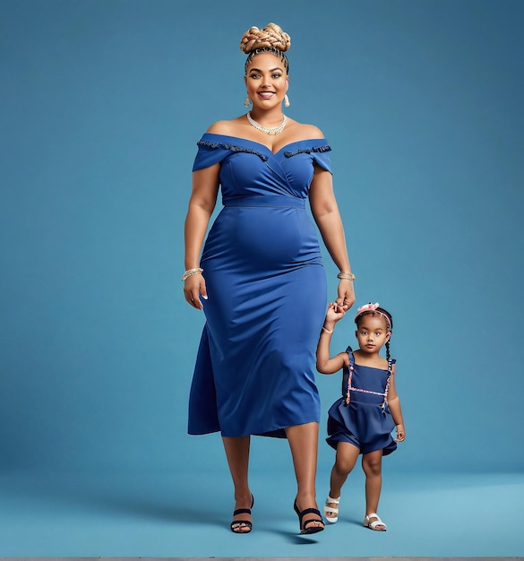 Photo mother mothers day a woman in a blue dress and a baby standing next to her