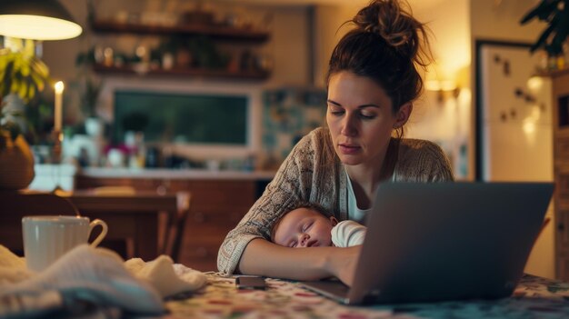 mother multitasking balancing work and childcare working on a laptop a baby sleep in arm