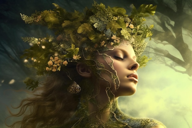 大自然 女性と植物 美しいイラスト画像 生成AI