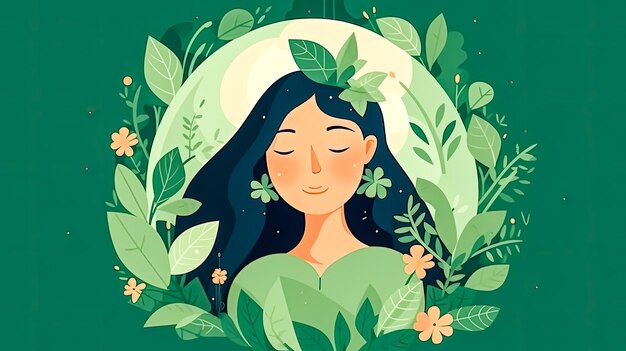 Avatar di madre natura una ragazza adornata di verde che incarna lo spirito custode della terra su uno sfondo lussureggiante una vivace celebrazione per il giorno della terra