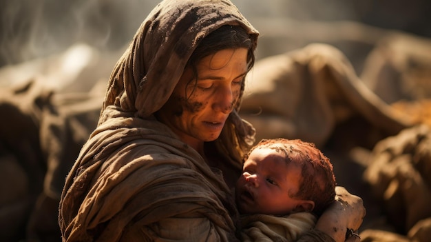 Mother and Newborn Bonding in Rustic Setting