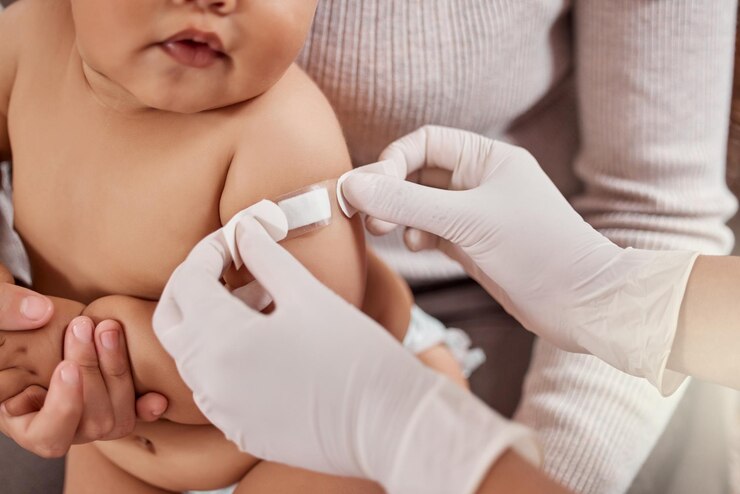 Photo mother nurse and baby with plaster on arm for wellness check medical health and testing in clinic woman child and hospital exam together for immune system development skincare and protection