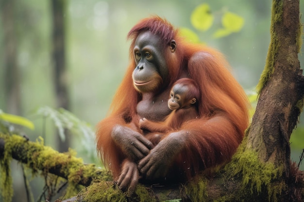 A mother orangutan and her baby are sitting on a tree branch.