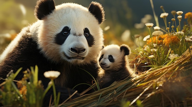 Foto una mamma panda è sdraiata sull'erba e il cucciolo di panda gioca di lato