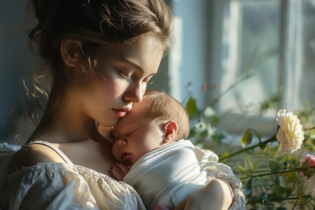 写真 母親が赤ちゃんと遊んで愛し合っている