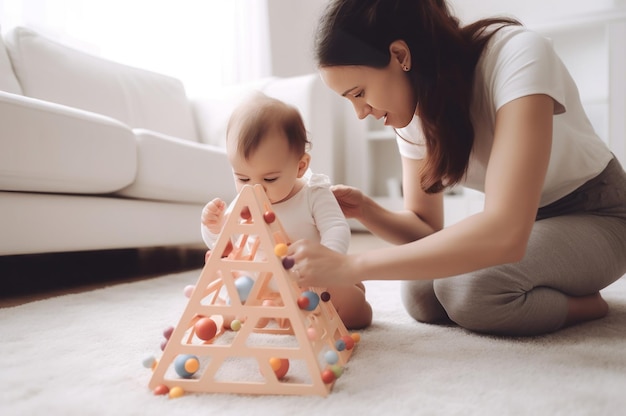 写真 赤ちゃんと遊ぶ母親 モンテッソリピラミッド 幼児のための開発と教育の木製ゲーム