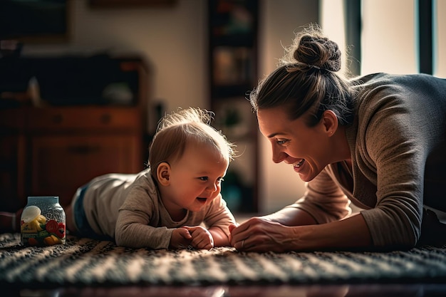 A mother playing with her baby on the floor Generative Ai