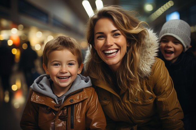 Mother playing with her kid and entertaining him at the airport while traveling