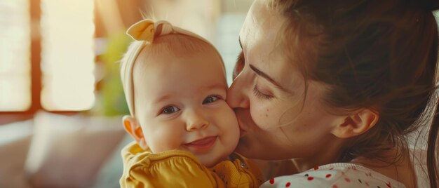 Photo mother playing with a newborn baby mother holding above her kissing her infant child on the cheek concept of childhood new life motherhood