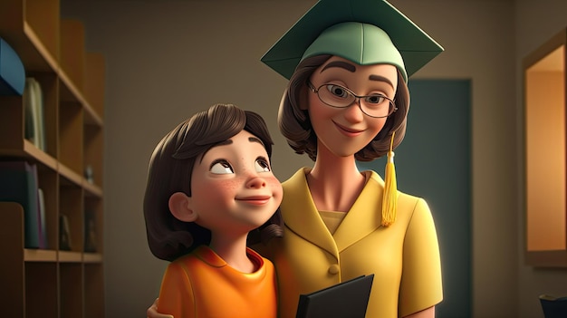 Mother proud of her graduated daughter 3d illustration