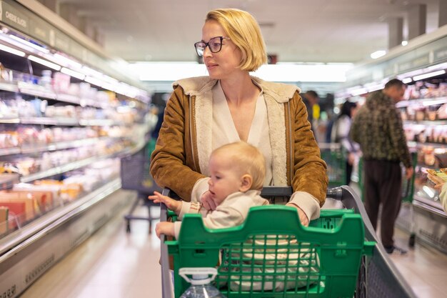 Mother pushing shopping cart with her infant baby boy child down department aisle in supermarket