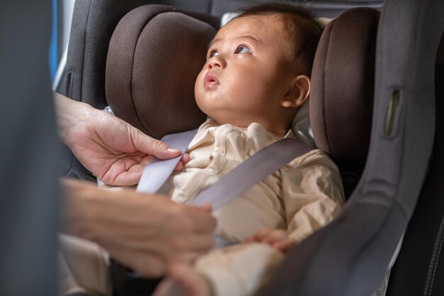 Photo mother put cute baby to car seat and secure with safety belts asian infant baby sit in baby seat and looking around in carmom buckling her son to car seatbaby safety on car concept
