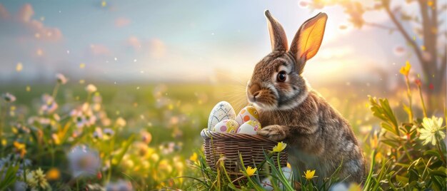 A mother rabbit standing amidst a lush meadow holding a delicate Easter basket