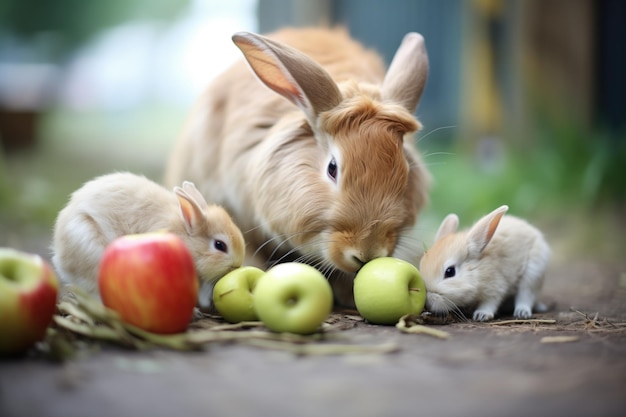 写真 リンゴを食べるキットを持った母ウサギ