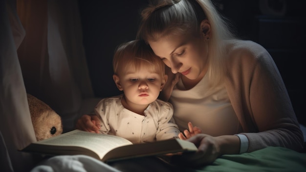 A mother reading a book to her child