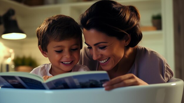 Photo mother reading a book to her son