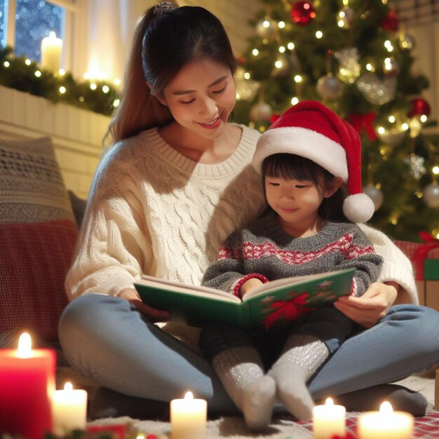 Mother reading christmas story to her child ai generate