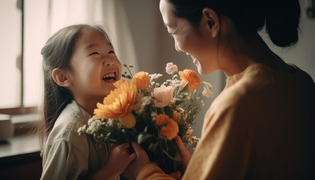 Mother receiving a bouquet of flowers from her child with a bright smile Mother's Day Generative AI