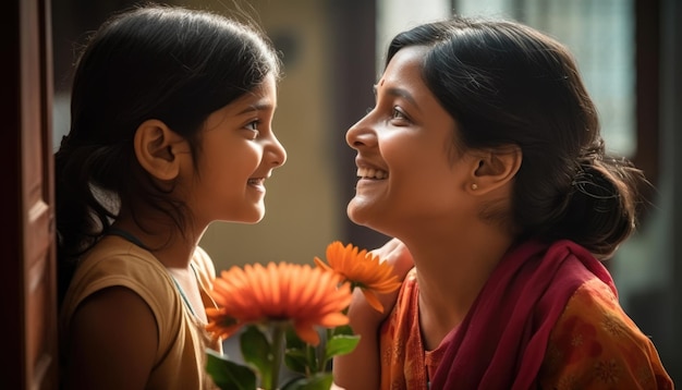 Mother receiving a bouquet of flowers from her child with a bright smile Mother's Day