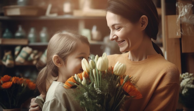 Mother receiving a bouquet of flowers from her child with a bright smile Mother's Day