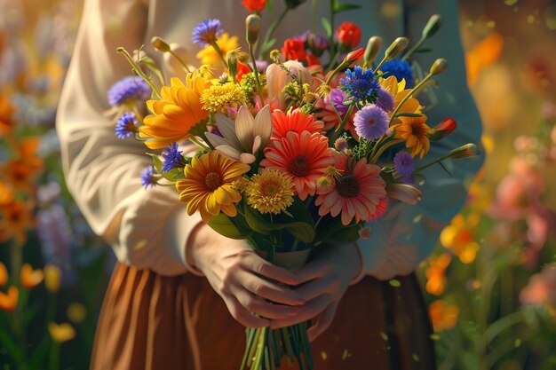 A mother receiving a bouquet of vibrant spring flo