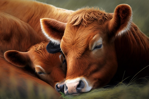 Mother Red Cow and Calf Sleeping on a Meadow Up Close Generative Ai