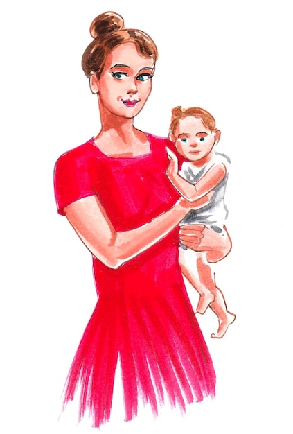子供と一緒に赤いドレスを着た母親。インクと水彩画