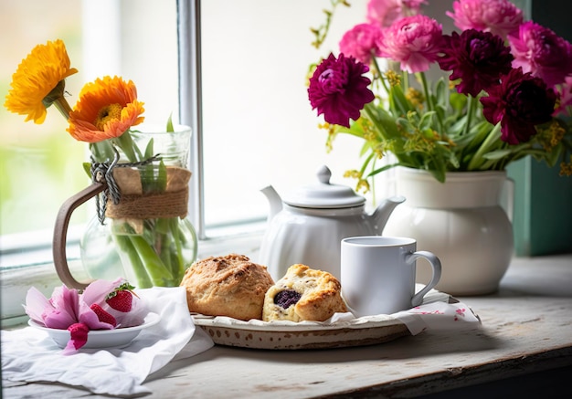 A Mother's Day arrangement with tea and scones in front of a bright window generate ai