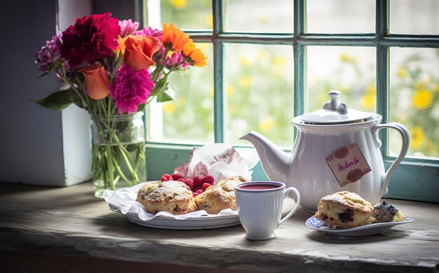 A Mother's Day arrangement with tea and scones in front of a bright window generate ai