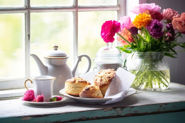 A Mother's Day arrangement with tea and scones in front of a bright window generate ai