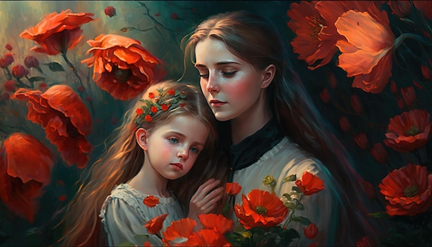 Mother's Day Beautiful Painting Background of Mom and her Child