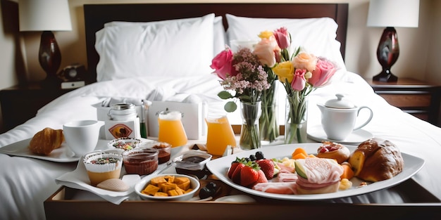 Mother's Day breakfast in bed with flowers and gifts Generative AI