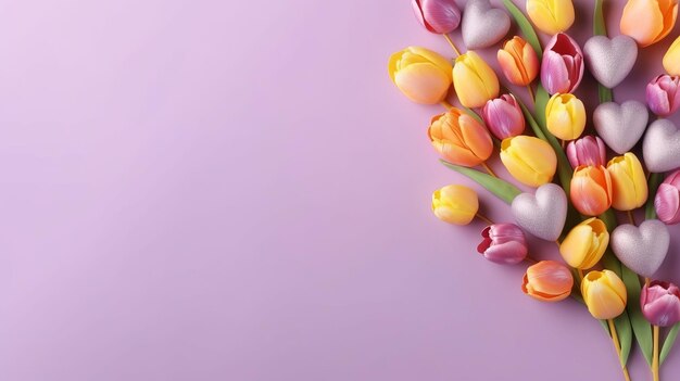 Mother's day climate thought best see composition of bouquets of pink yellow tulips blooms and colorful hearts doodads creative resource ai generated