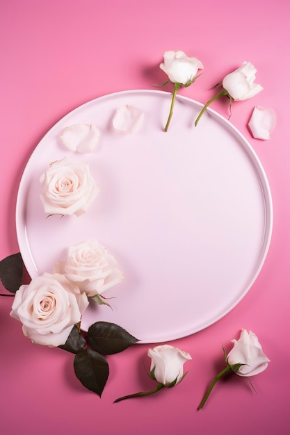 Mother's Day concept Top view vertical photo of white empty circle fresh peony roses and sprinkles on isolated light pink background with blank space generate ai