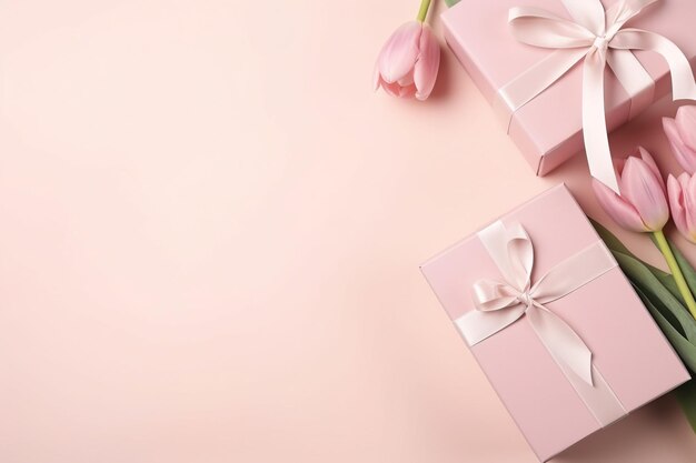 Mother's Day decorations concept Top view photo of trendy gift boxes with ribbon bows and tulips on isolated pastel pink background with copyspace ar 32 v 52 Job ID b3312b8f7d6849bdb1896f8684fb1e0a