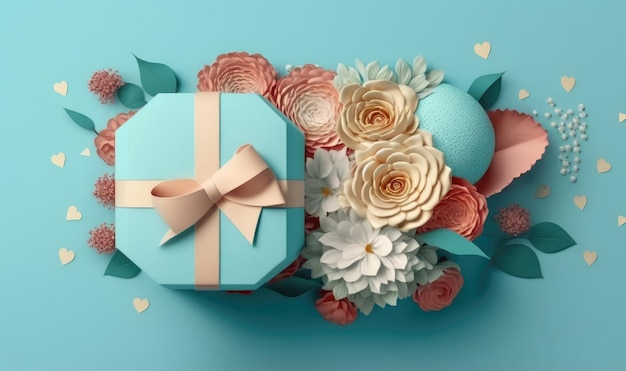 Mother's Day Design Concept Background with Gift Box Heart and Flowers