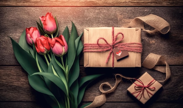 Концепция дизайна ко Дню матери с подарком и тюльпанами на деревянном фоне