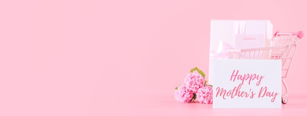 Photo mother's day holiday gift design concept pink carnation flower bouquet with wrapped box isolated on light pink background copy space