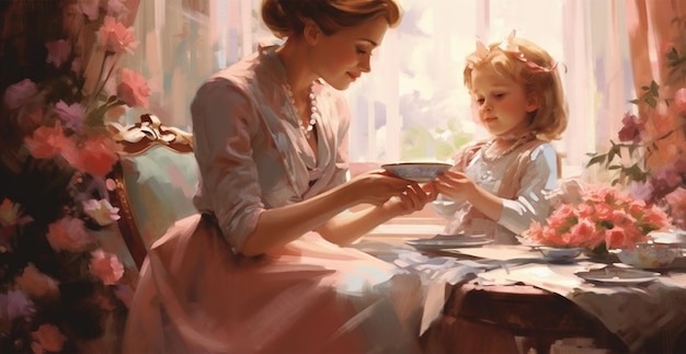 День матери праздник мать с дочерью в стиле нарисованная краска картина сгенерированное AI изображение