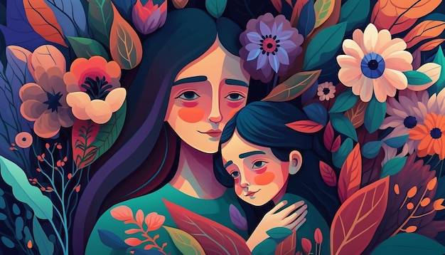 Mother's day illustration of mom and daughter hugging each other Generative ai