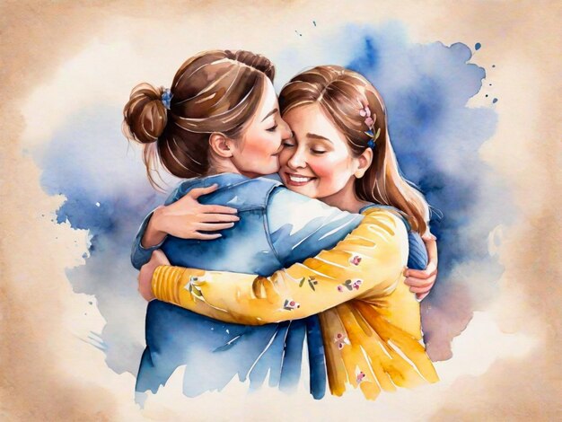 Mother's day illustration of mom and daughter hugging each other