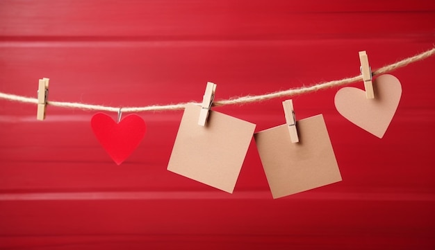 Mother's Day message with felt hearts hanging with clothespins over a red wooden board copy space