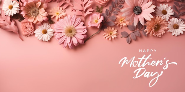 Mother's Day Mom's Day or Women's Day or Valentines day flowers composition with heart copy space on pastel background 3d style Generative Ai