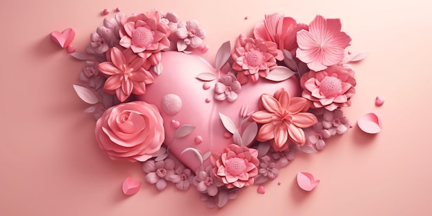 Mother's Day Mom's Day or Women's Day or Valentines day heart shaped flowers composition with copy space on pastel background 3d style Generative Ai